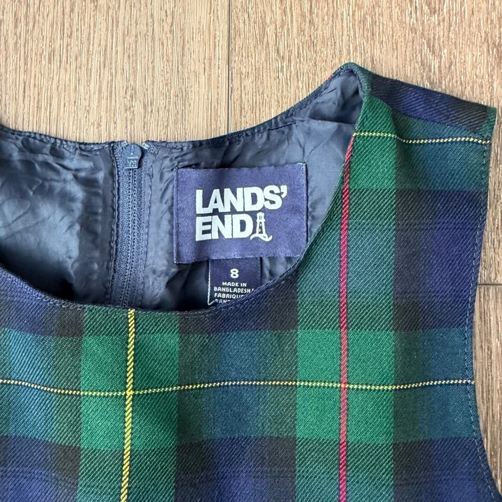 Lands' End Plaid Jumper Dress Girls 8 Green Navy Blue School Uniform Lot of 2